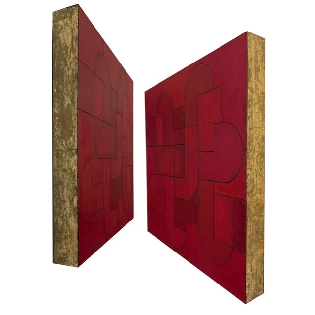 Contemporary Geometric Abstract Square Oil Painting Monochromatic–Red Gold Leaf Edges by Stephen Cimini For Sale In New York - Image 6 of 7
