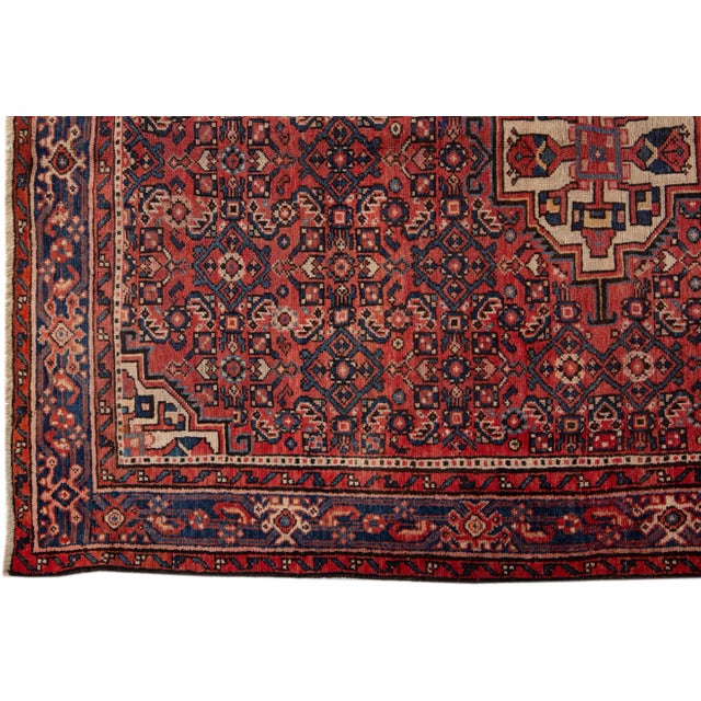 1960s Vintage Persian Hamadan Navy Blue Handmade Medallion Wool Rug For Sale - Image 4 of 7