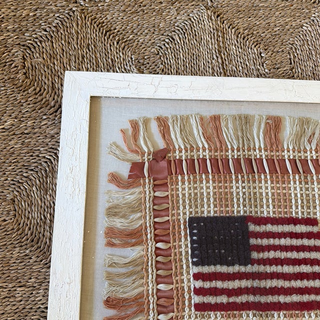 Wood Vintage American Folk Art Fiber Textile Flag, Framed, 29” Square For Sale - Image 7 of 12