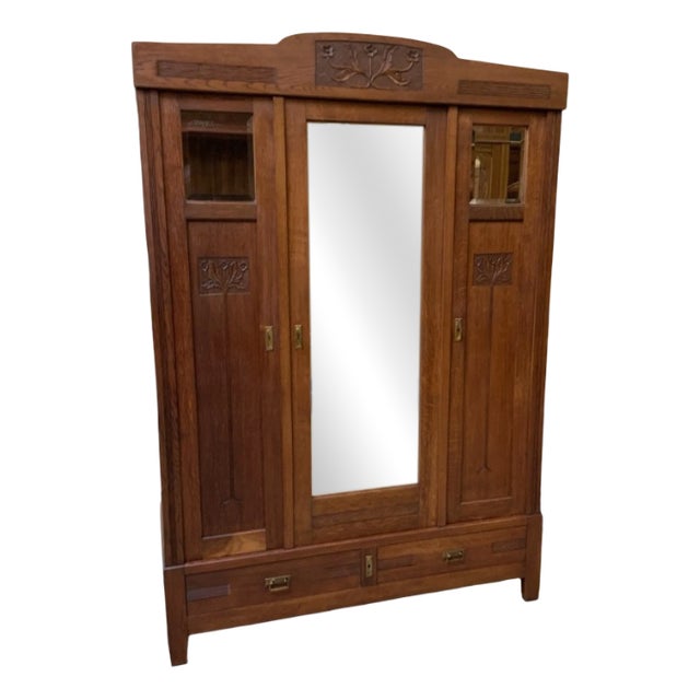 Antique Art Nouveau Wardrobe in Oak, 1910 For Sale