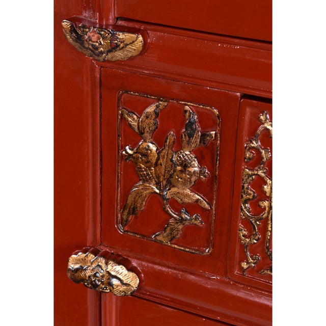 Ornately Carved Asian Modern Red Lacquer Gilt Gold Armoire With Brass Hardware For Sale - Image 13 of 14