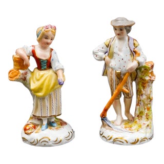 Vintage Sevres France Antique Porcelain Hand Painted Farm Lady & Gentleman Figurines- a Pair For Sale