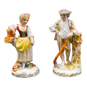 Vintage Sevres France Antique Porcelain Hand Painted Farm Lady & Gentleman Figurines- a Pair