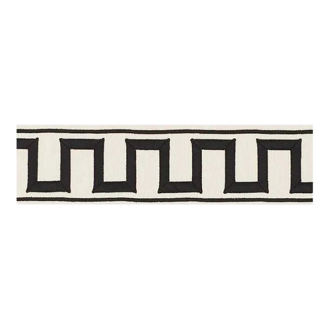 Schumacher X Miles Redd Greek Key Embroidered Tape in Black on Ivory For Sale