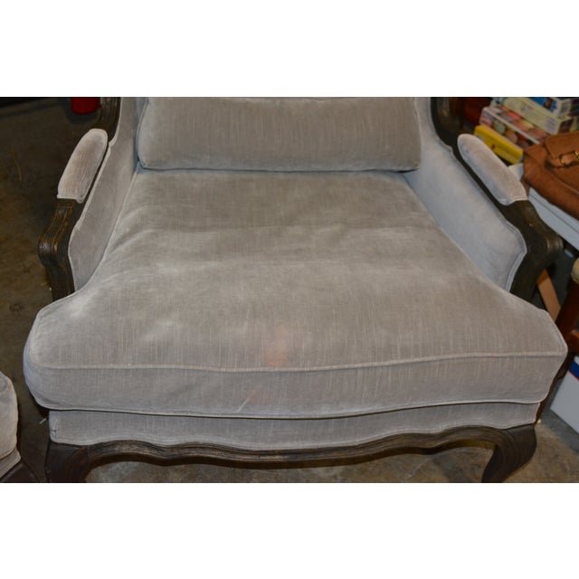 2000 - 2009 Restoration Hardware Pair Lorraine Gray Velvet Wing Back Bergere Arm Chairs W/ Wood Surround For Sale - Image 5 of 17
