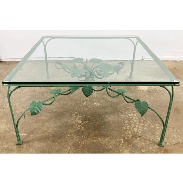 Figurative Vintage Green Leaf Motif Iron Glass Top Coffee Table For Sale - Image 3 of 9