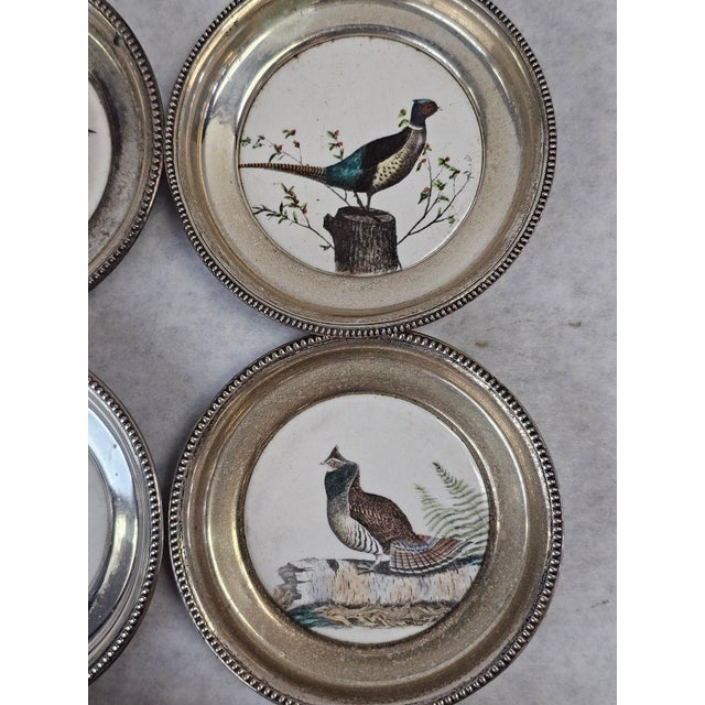 1950s Frank Whiting Sterling Silver and Porcelain Game Bird Coasters by Dennis Puleston - Set of Six For Sale In Portland, ME - Image 6 of 14