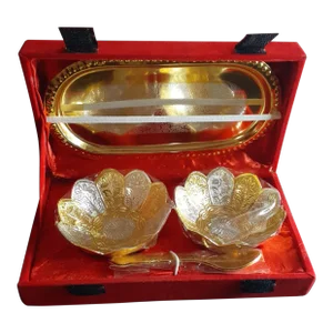1970s Gold-Plate & Silverplate 5 Piece Lotus Bowls Set in a Red Velvet Box