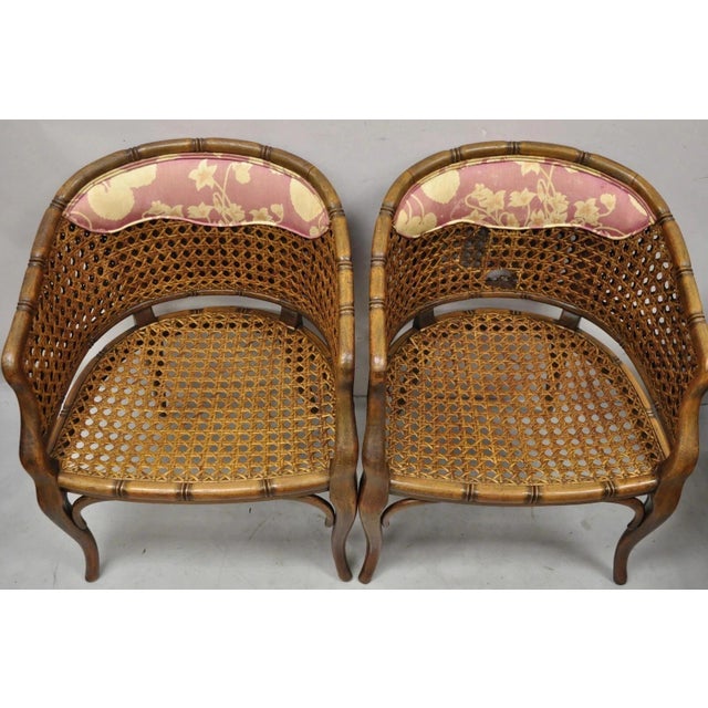 Vintage Hollywood Regency Faux Bamboo Cane Barrel Back Lounge Chairs (A) - Pair For Sale - Image 10 of 12