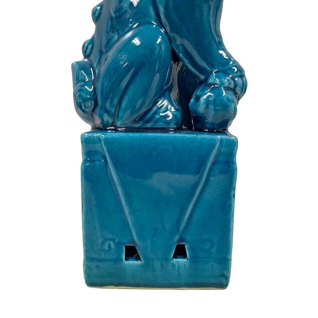 Cerulean Vintage Chinese Porcelain Turquoise Foo Dog Figurines - A Pair For Sale - Image 8 of 10