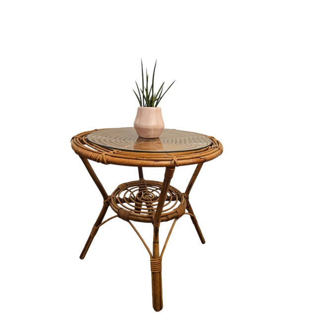 Small Boho Table - Bamboo W/ Glass Top For Sale In Austin - Image 6 of 9