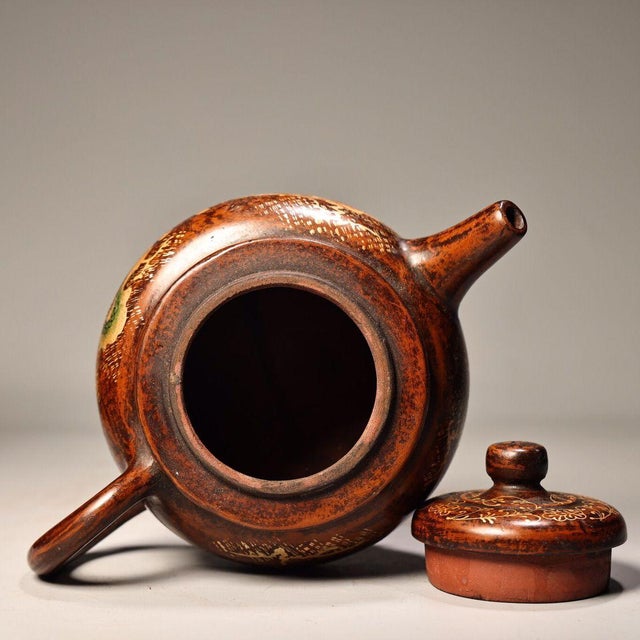 Vintage Yixing Zisha Teapot With Box – Hand-Painted Gilt Landscape Teapot For Sale - Image 9 of 9