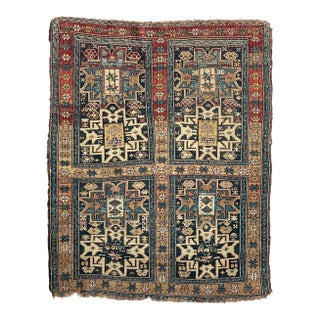 Antique Caucasian Piece Quad-Section Duel Medallion Caucasian Leshgi Stars Rug 3.8 x 4.8 For Sale