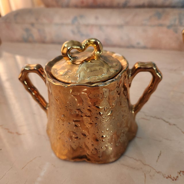 Ceramic 1960s Creamer + Sugar Set 22kt Weeping Gold Bel Terr For Sale - Image 7 of 12