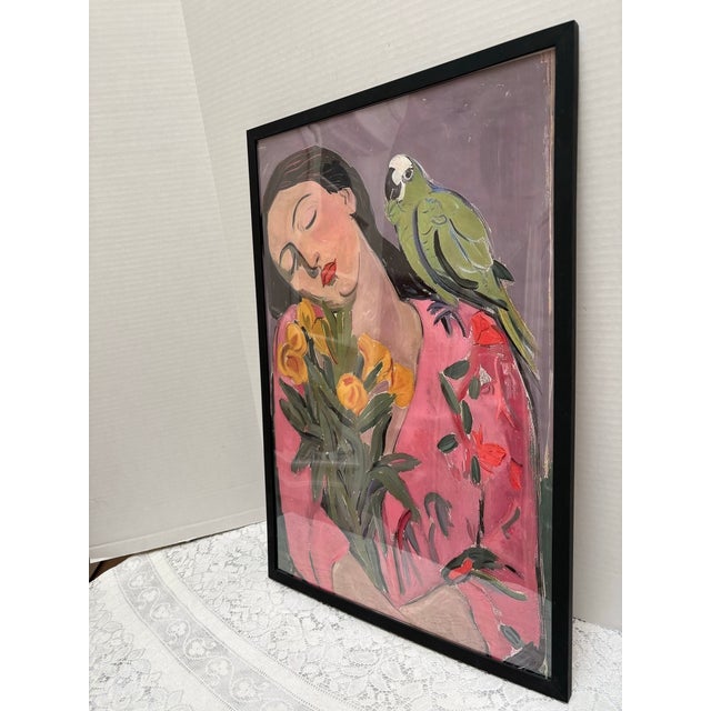 Vibrant Colorful Framed Print of a Woman With a Green Parrot For Sale - Image 4 of 8