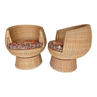 1970s Eero Aarnio Style Swivel Rattan Barrel Pod Chair Pair For Sale