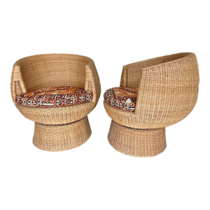 1970s Eero Aarnio Style Swivel Rattan Barrel Pod Chair Pair