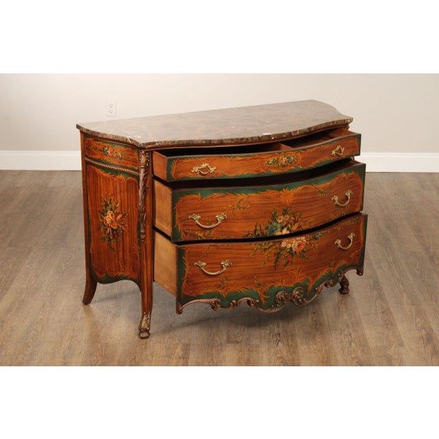 French Louis XV Style Paint Decorated Marble Top Commode For Sale - Image 4 of 12