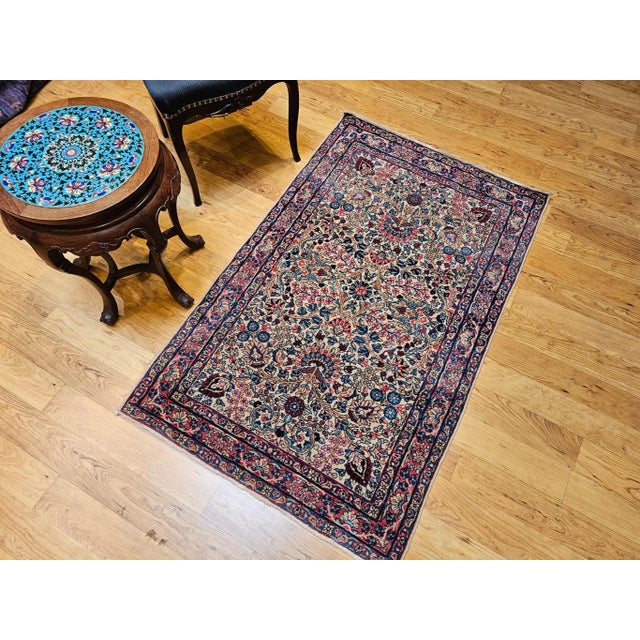 Vintage Persian Kerman Lavar Area Rug, Handwoven Floral Pattern, Ivory & Blue, 3’ X 5’ For Sale - Image 4 of 12