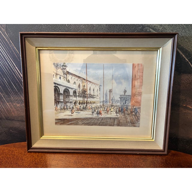 Mid 20th Century Venetian Piazza Watercolor For Sale - Image 4 of 4