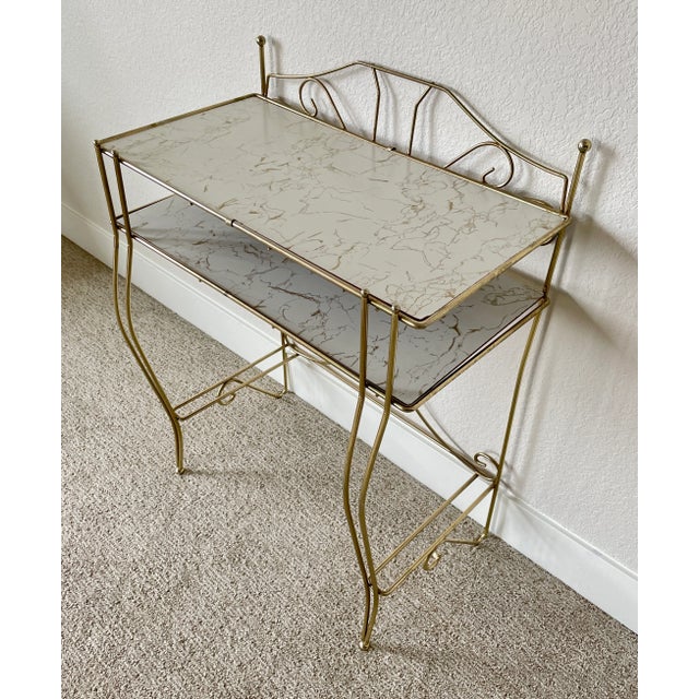 Hollywood Regency Hollywood Regency Mid Century Pearl-Wick Brass Bathroom Toiletry Stand With Marbleized Shelving For Sale - Image 3 of 13