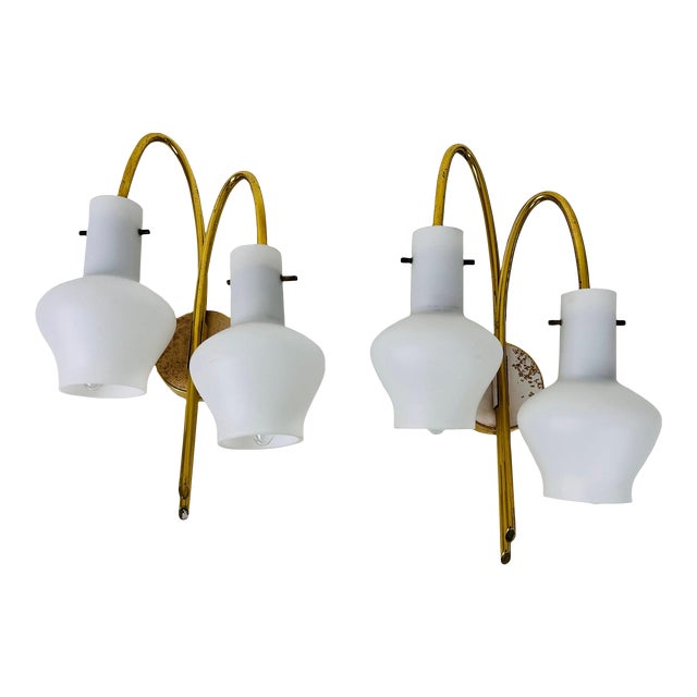 Mid-Century Brass and Opaline Glass Wall Lamps, Italy, 1960s - A Pair For Sale