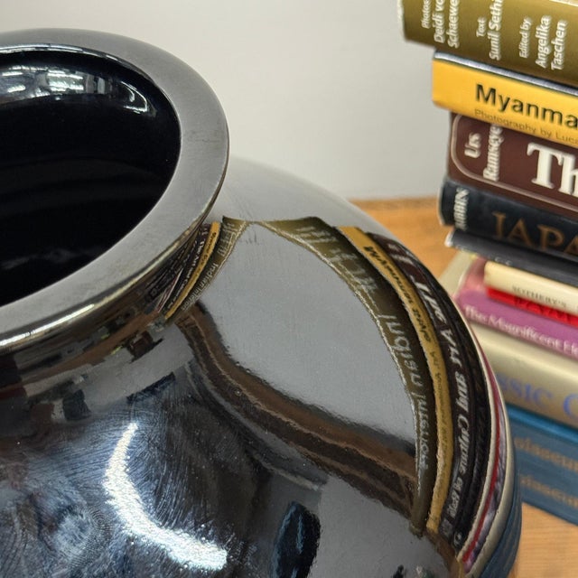 Deep Black Rounded Glazed Ceramic Vase For Sale - Image 4 of 7