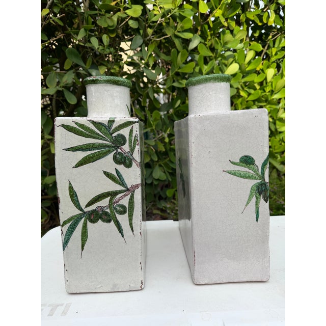 White Antique Hand-Painted Olive Motif Crackle Glazed Pottery Vessels, Pair For Sale - Image 8 of 14