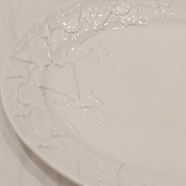White Large Vintage White Oval Ceramic Platter With Embossed Leaf Design. Made in Italy For Sale - Image 8 of 13