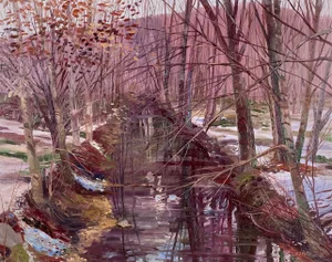 1985 Winter Stream Impressionist Landscape Oil Painting by e.j. Hartmann