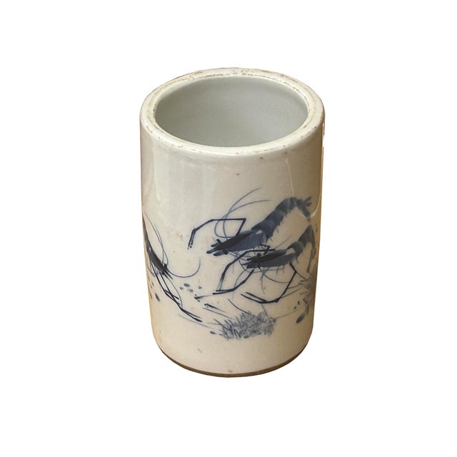 This vintage style Chinese blue and white porcelain brush pot (Bitong) showcases the refined artistry of the Republic...