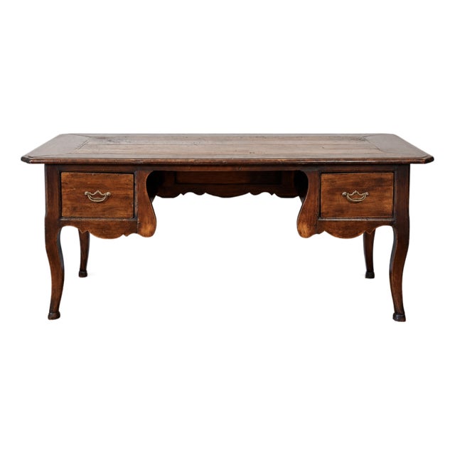 Antique French Provincial Walnut Writing Desk With Cabriole Legs & Two Drawers | C. 1840s For Sale