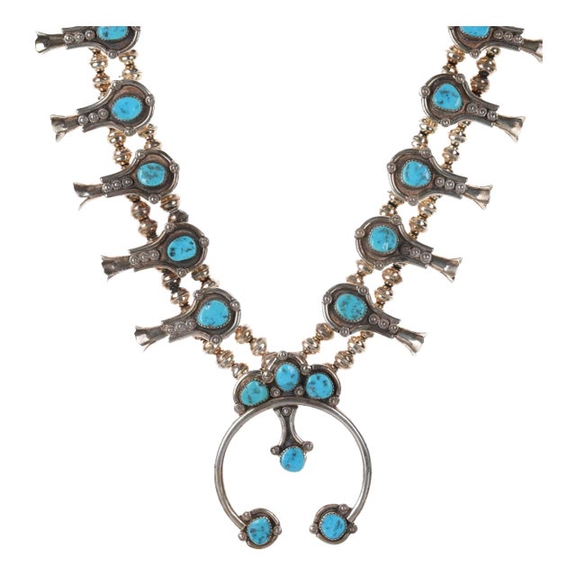 Vintage Navajo Silver and Turquoise Squash Blossom Necklace For Sale