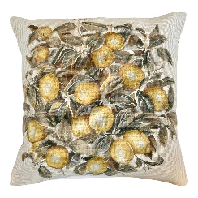 Vintage Needlepoint Lemons Leaves Pillow. 100% wool.Velvet Back. Feather Down Fill For Sale