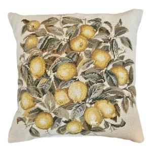 Vintage Needlepoint Lemons Leaves Pillow. 100% wool.Velvet Back. Feather Down Fill
