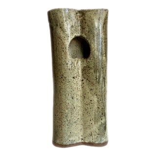 Signed Mid-Century Modern Tall Stoneware Speckle Vase: 1970s Abstract Ceramic Art For Sale