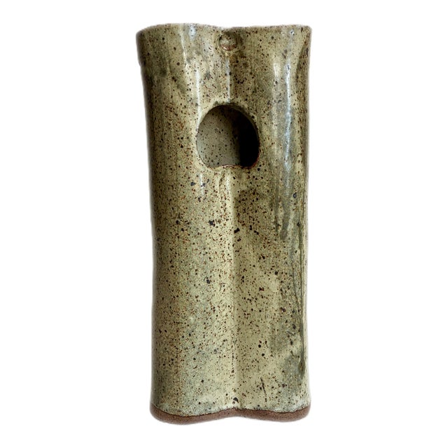 Signed Mid-Century Modern Tall Stoneware Speckle Vase: 1970s Abstract Ceramic Art For Sale
