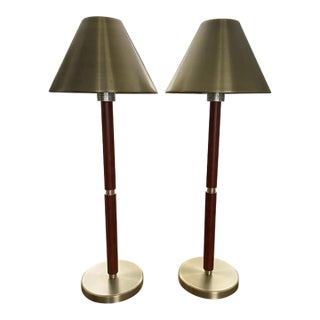 Vintage Ralph Lauren Organic Modern 36” Tall Buffet Lamps Leather-Wrapped With Brushed Brass/Gold Fixtures and Metal Shades - a Pair For Sale