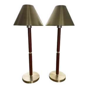Vintage Ralph Lauren Organic Modern 36” Tall Buffet Lamps Leather-Wrapped With Brushed Brass/Gold Fixtures and Metal Shades - a Pair