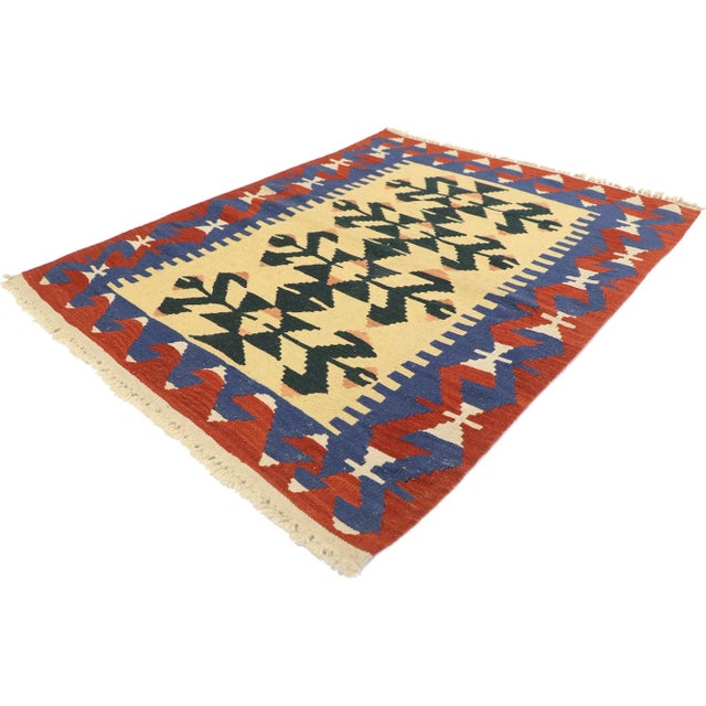 Vintage Persian Shiraz Kilim Rug with Tribal Style 03'01 x 03'10. Full of tiny details and a bold expressive design...