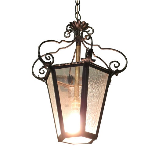 Arts & Crafts Wrought Iron Lantern in Glass, 1900s For Sale