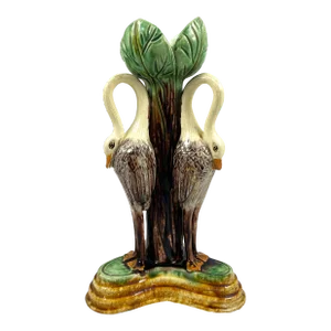 Antique 1880s Portuguese Jose Alves Cunha Majolica Candlestick, Storks With Green Leaves & Ochre Base