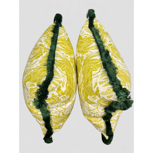 Clark & Clark Citrus and Green Brush Fringe Custom Made Pillow Pair For Sale In Greensboro - Image 6 of 9