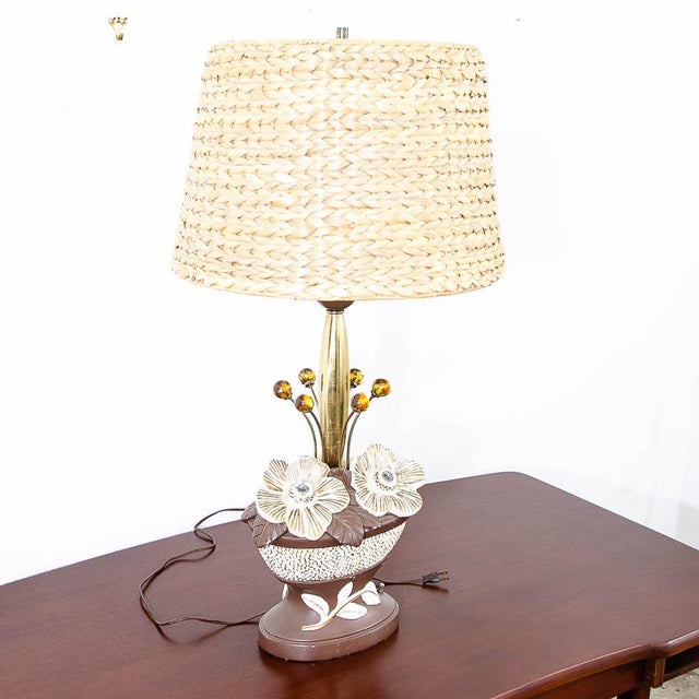 1960s Mid Century Modern Brown White Table Lamp Ceramic Floral Studio Designed For Sale - Image 10 of 12