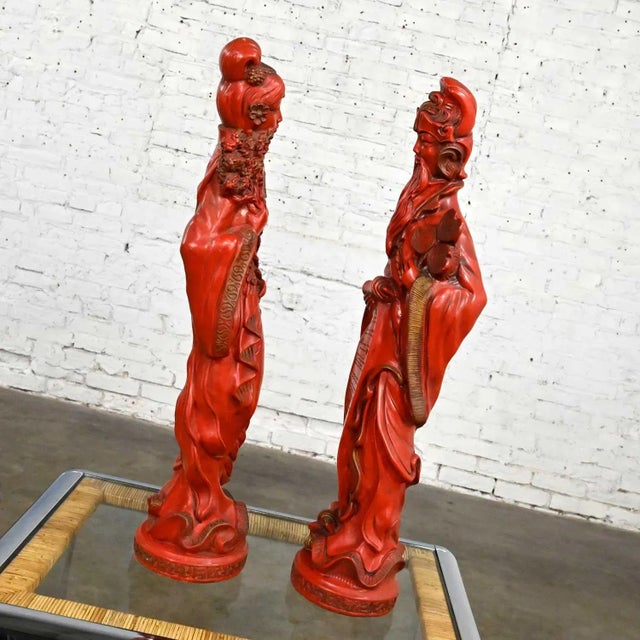 Vintage Asian Style Chinoiserie Faux Cinnabar Large Red Decorative Statues Male & Female For Sale - Image 6 of 13