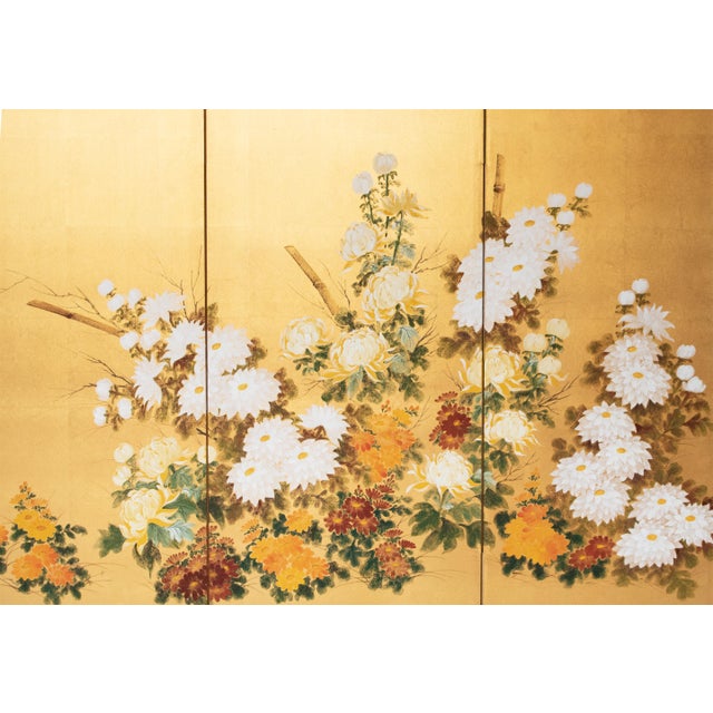 1960s "Autumn Flowers" by Kazuko Chiyo Sasaki, C. 1960s Painted Silk Byobu Screen For Sale - Image 5 of 17