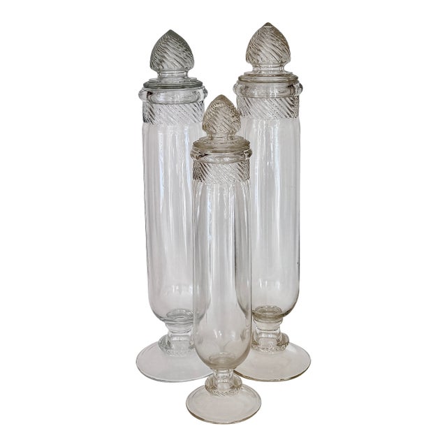 19th Century Molded Glass Apothecary Jars, Set of Three, Barley Twist Lids For Sale