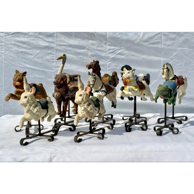 Folk Art Vintage D. De La Ronde 1992 Carousel Set 12 Hand-Painted Animals Iron Stands For Sale - Image 3 of 8