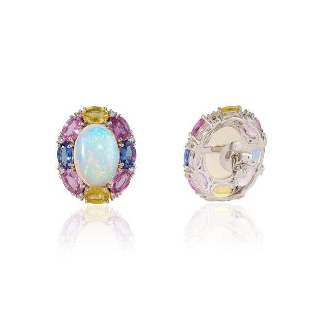 18k White Gold 18.2ct Opal & Multi Sapphire Cluster Stud Earrings With Diamonds- 2 Pieces For Sale In New York - Image 6 of 15