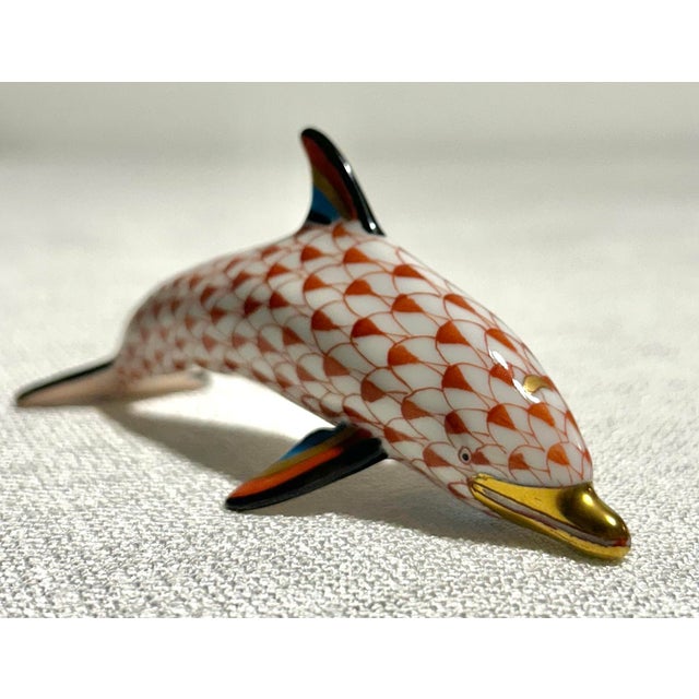 Herend MCM Herend Hand Painted Fishnet Hungarian Porcelain With 24k Gold Accents Dolphin For Sale - Image 4 of 6